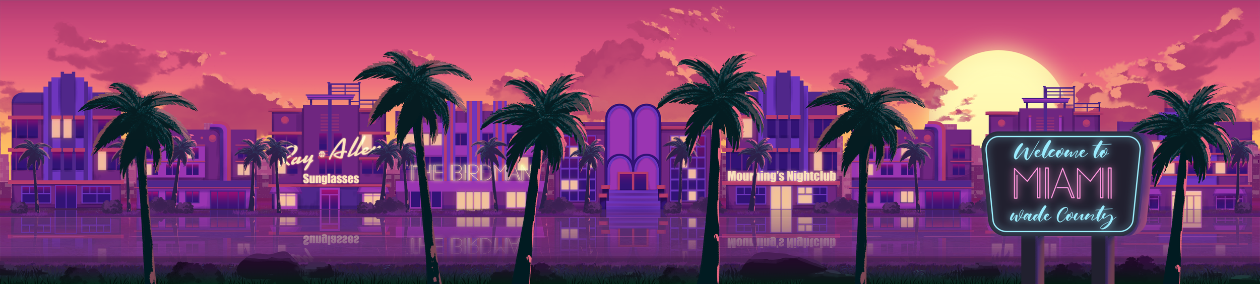 A digital illustration of a Miami city road at sunset with palm trees in the foreground, neon signs, buildings.