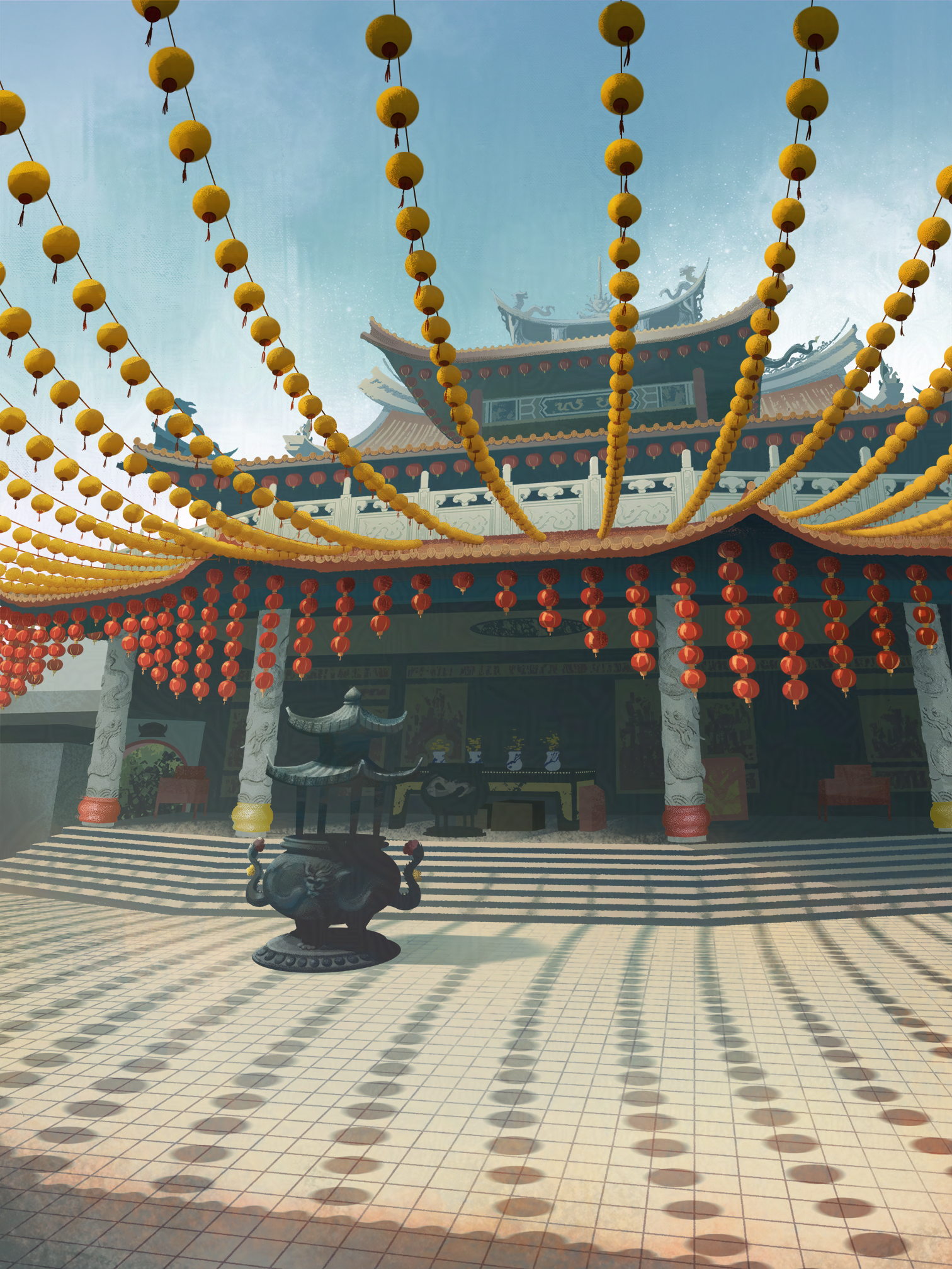 A traditional Asian temple decorated with numerous hanging yellow and red lanterns and a large incense burner in the foreground, set against a blue sky.