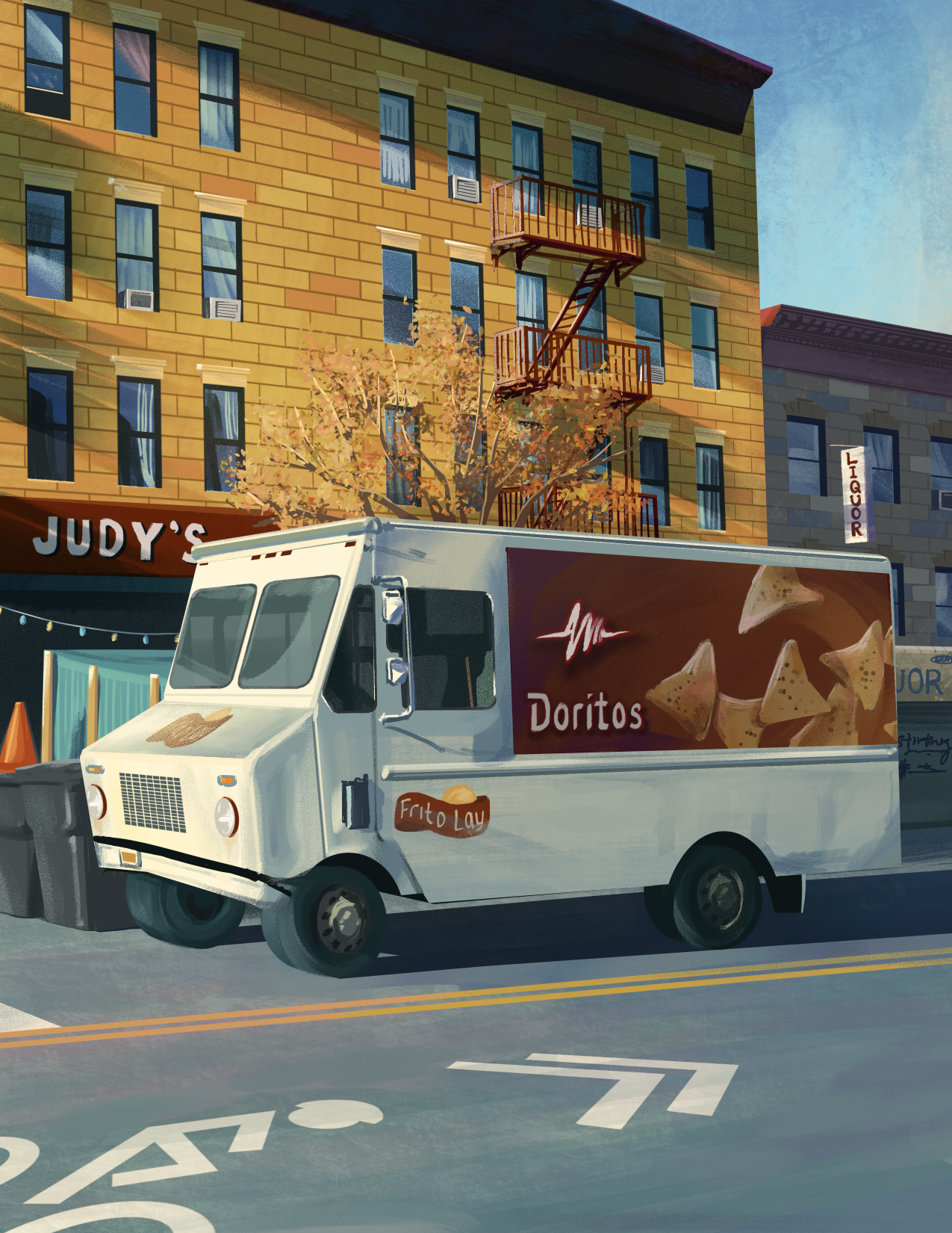 A white food truck parked on a city street during the day, with a large advertisement for Doritos chips on its side.