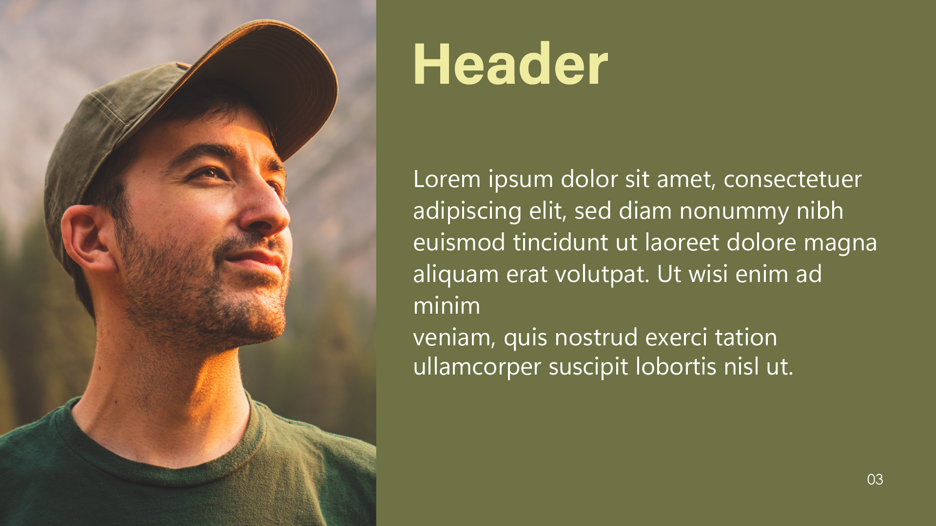 A presentation slide with a young man in a green t-shirt and olive cap.
