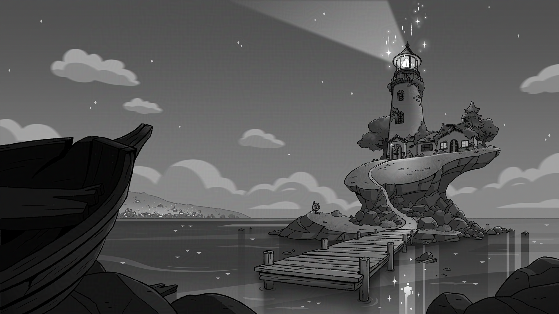 Illustration of a magical lighthouse on a rocky island with clouds and distant land in the background.