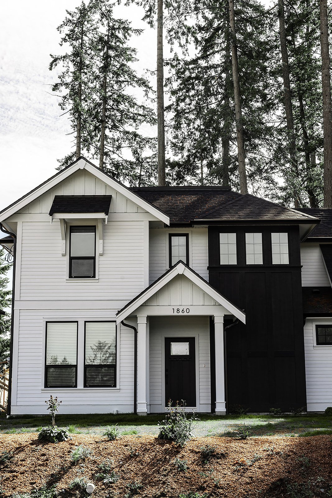 Front view of a modern two-story white house with black accents, surrounded by tall evergreen trees, and a small garden with plants in the front yard.