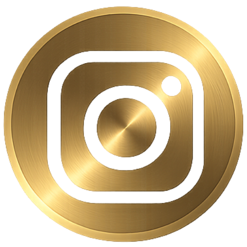 A gold-colored Instagram logo with a circular camera icon and a lens in the center.