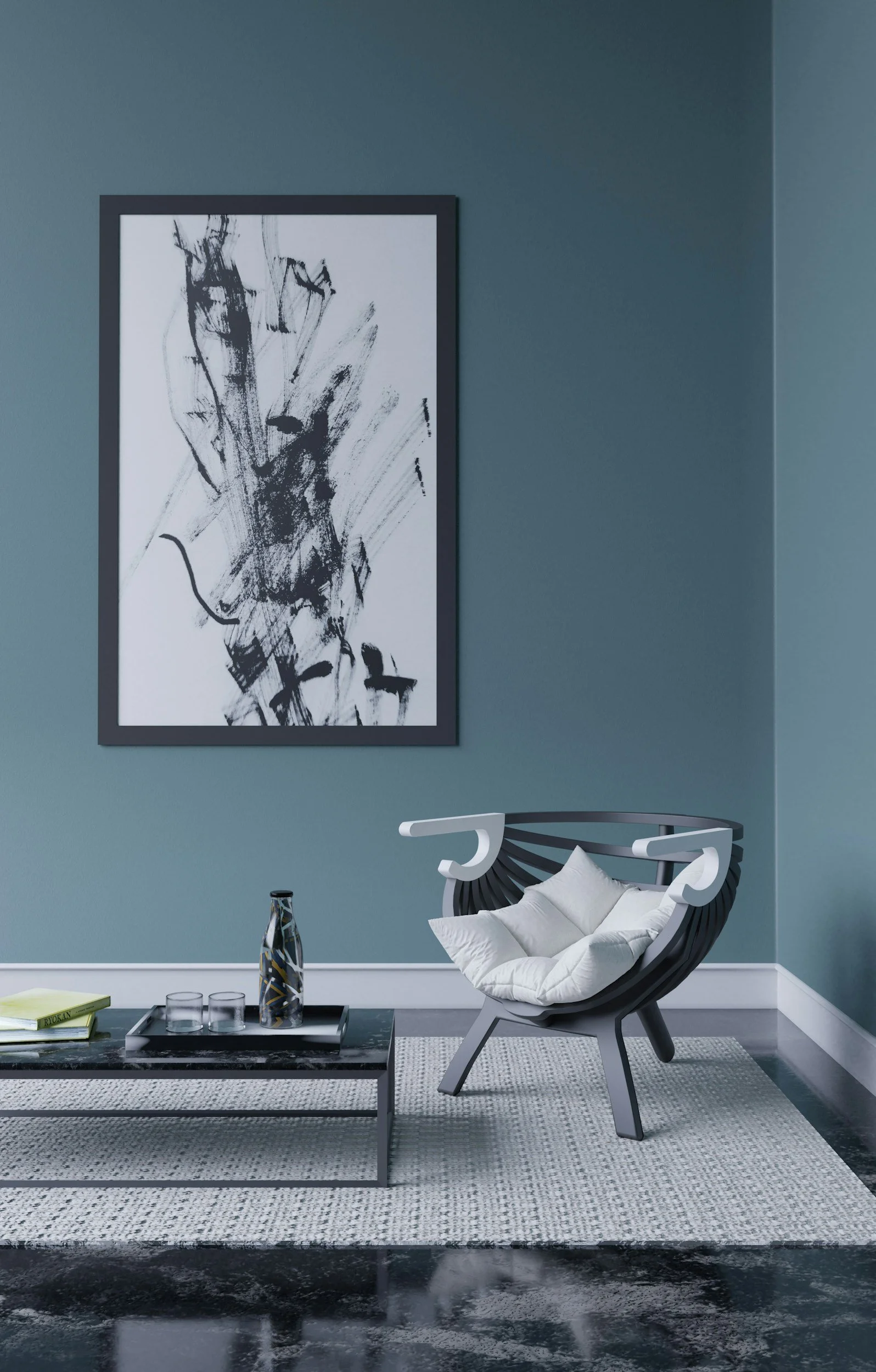 Modern living room with a black and white abstract painting on a blue-green wall, a black marble coffee table with a decorative vase, glasses, and books, and a black and white patterned chair with white cushions on a gray and white area rug.