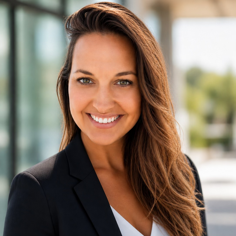 A smiling woman with long, wavy brown hair wearing a black blazer and white top, standing outdoors with a modern building and blurred greenery in the background.