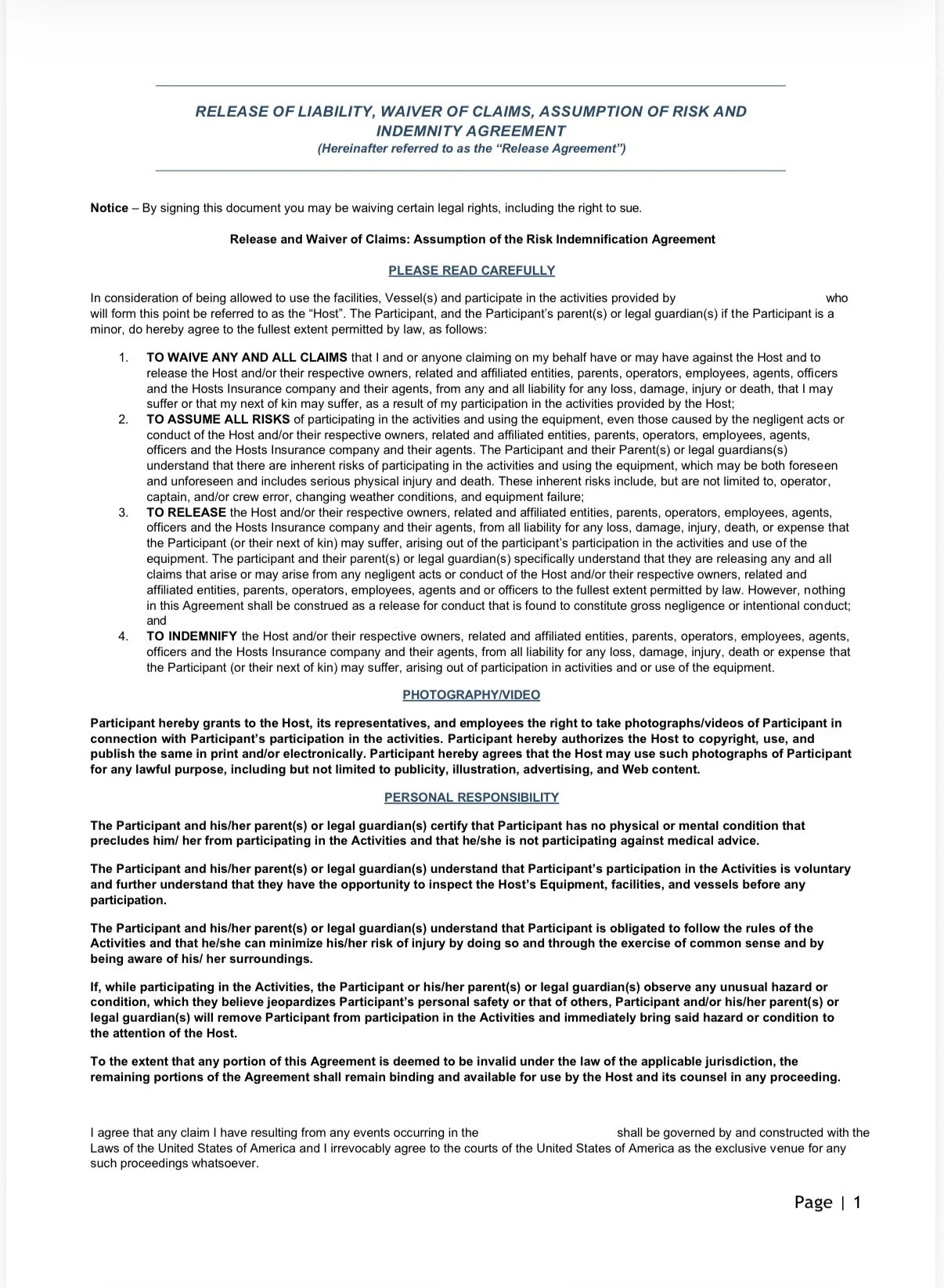 This image shows a legal document titled 'Release of Liability, Waiver of Claims, Assumption of Risk and Indemnity Agreement' with sections detailing the waiver of claims, assumption of risks, and participant responsibilities.