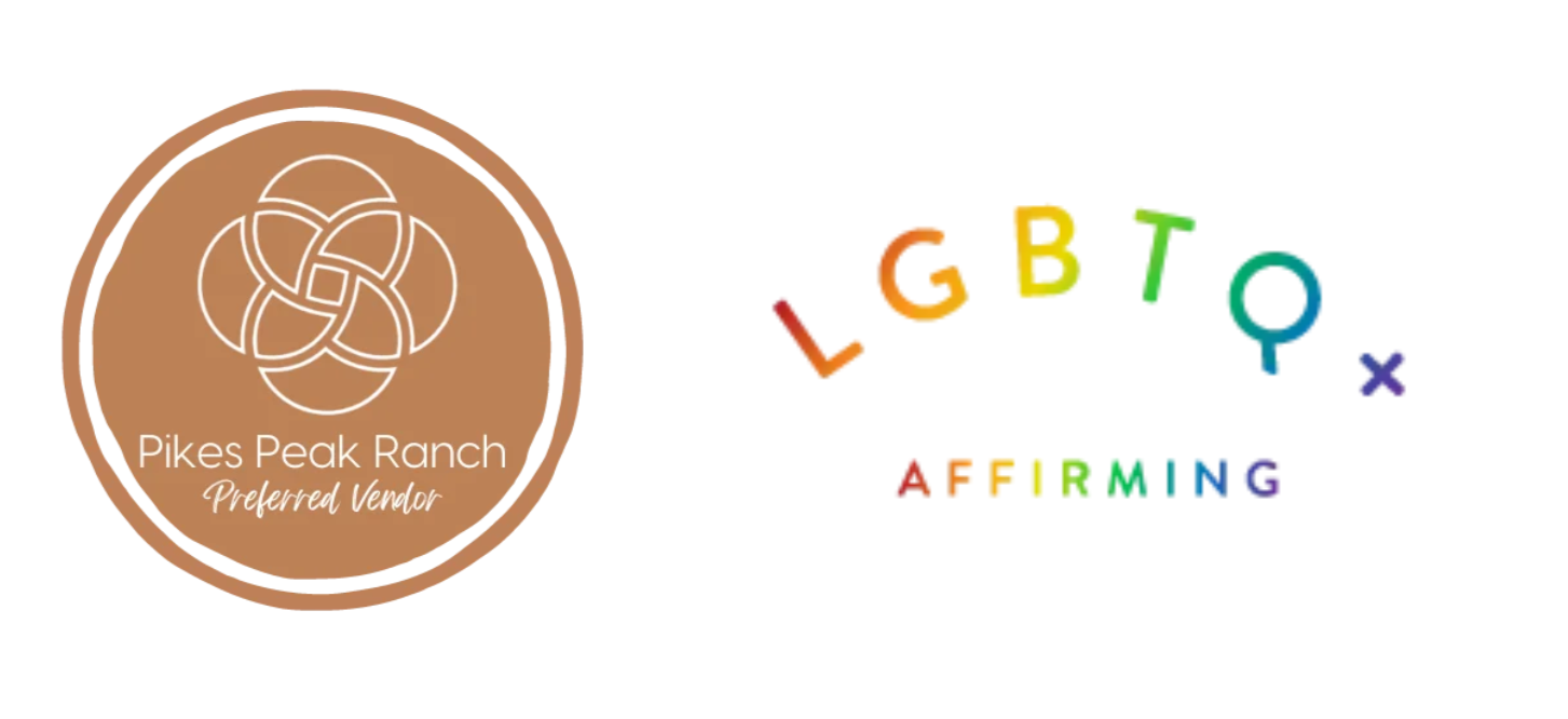 Logo for Pikes Peak Ranch, labeled as preferred vendor, with a circular emblem featuring a white abstract floral design on a brown background. Next to it, colorful text spelling 'LGBTQ Affirming' in rainbow colors. Wildfire Cuisine Co. wood-fired cat