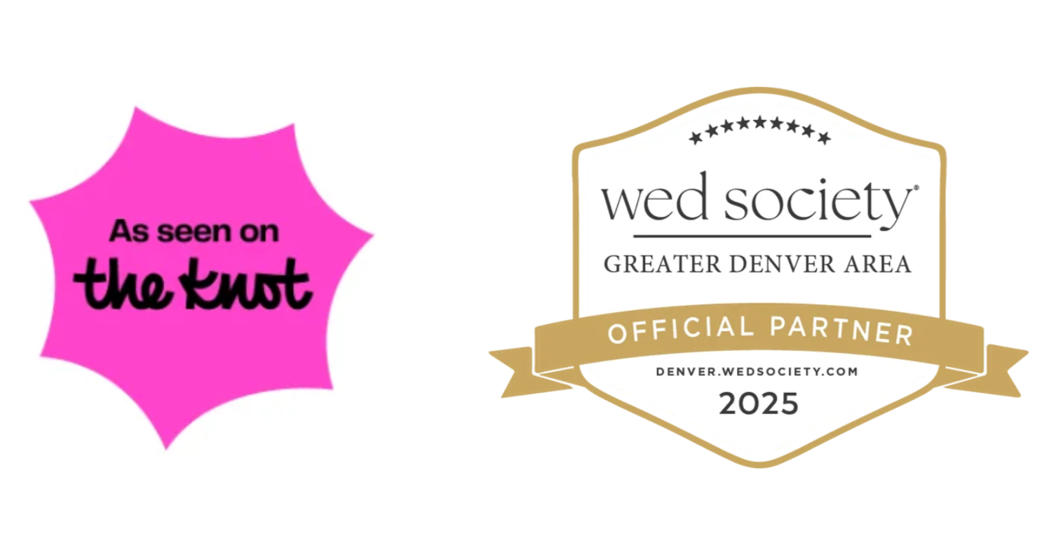 Badge indicating partnership with Wed Society Greater Denver Area for 2025, with a logo from The Knot on the left. Wildfire Cuisine Co. wood-fired catering at a Colorado wedding awards