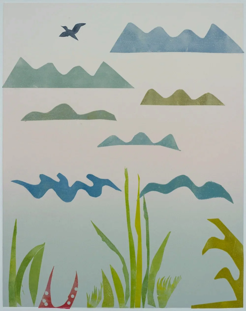 Colorful illustration of various mountain silhouettes with a bird flying near the top, and tall grass and plants in the foreground.