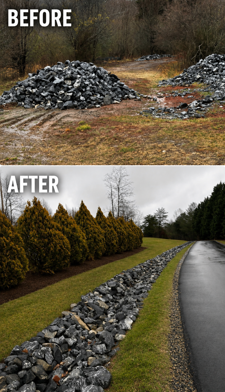 Comparison of a landscape before and after landscaping: The "before" shows piles of black rocks on muddy ground with sparse trees in the background. The "after" shows a landscaped roadside with neatly arranged black rocks along a grassy area, leafy b