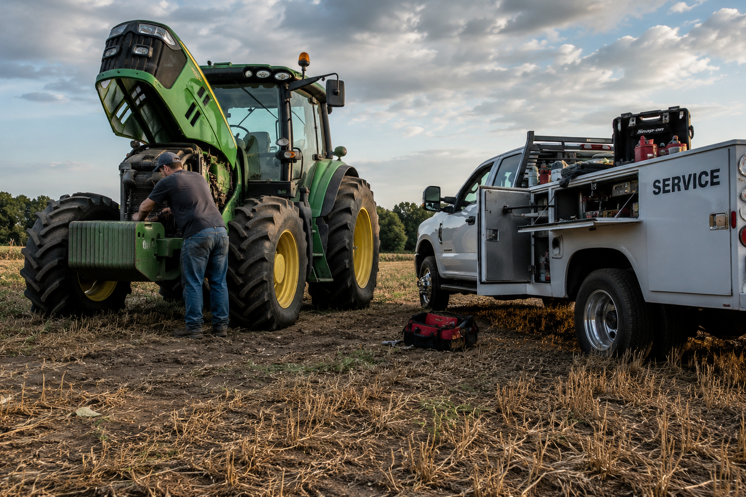 A man working on a large green tractor in a field with a service truck nearby under a partly cloudy sky.
