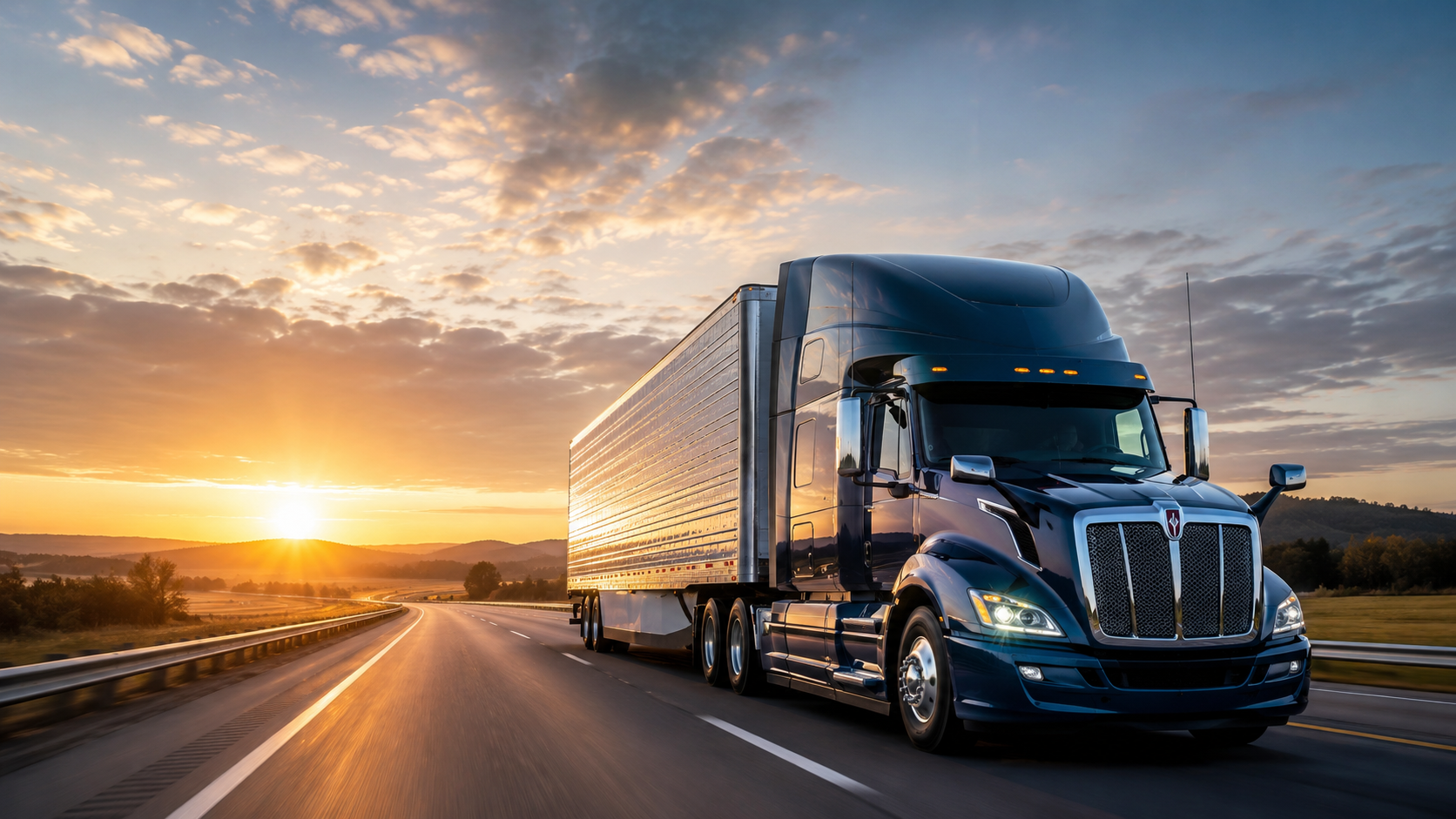 A black semi-truck driving on a highway at sunset with a scenic landscape and clouds in the sky.