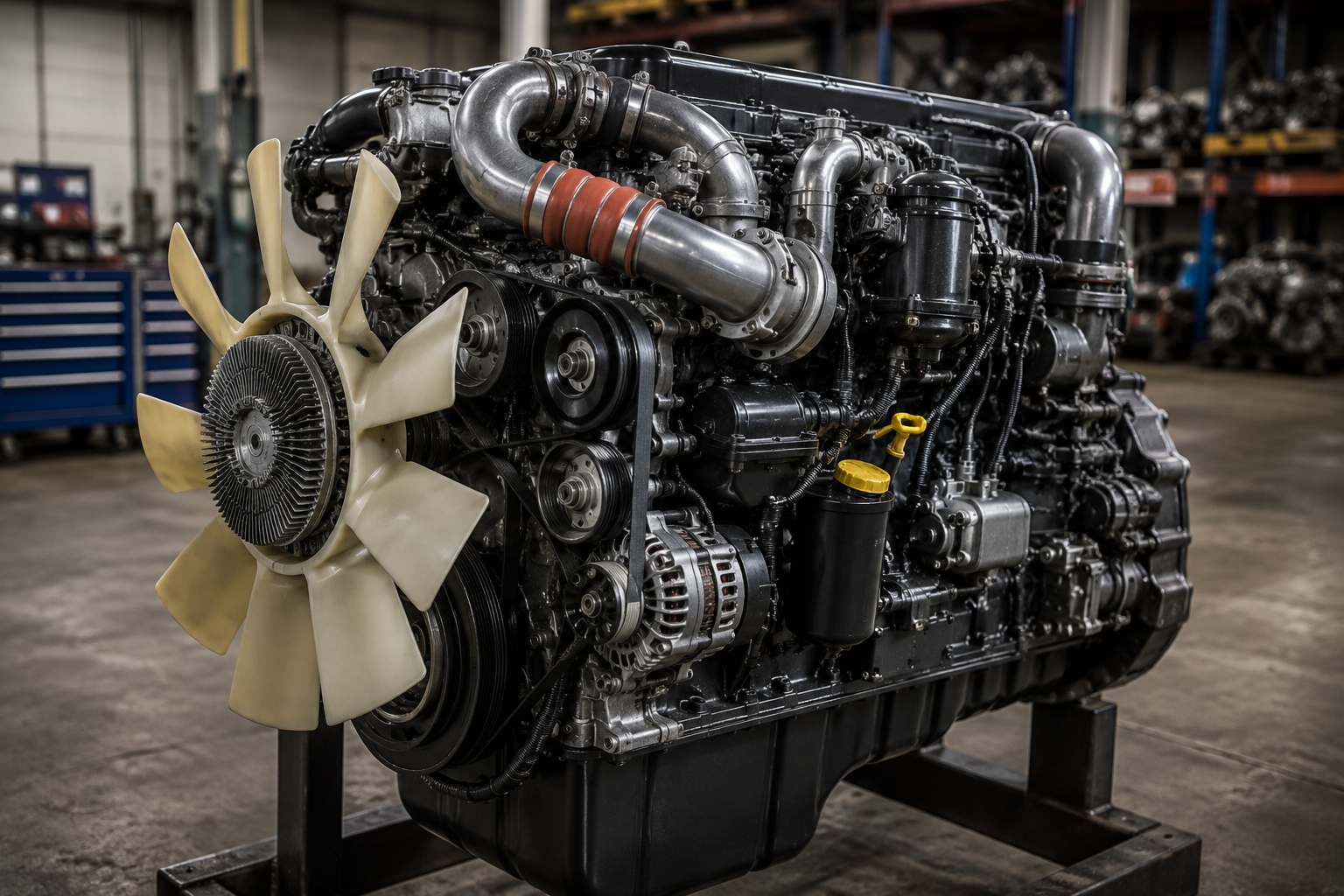 A large industrial engine with a beige fan attached, mounted on a stand inside a factory or workshop.
