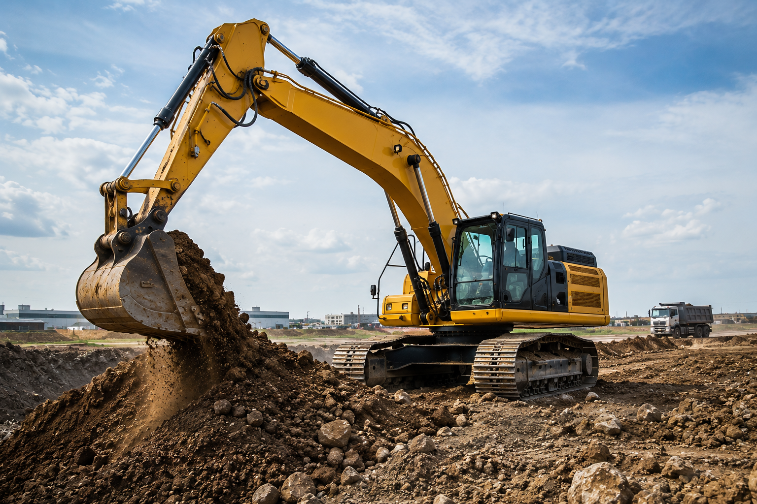 A yellow excavator moving dirt on a construction site with a dump truck in the background under a cloudy sky.