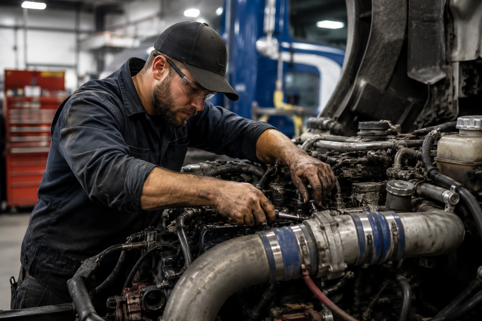 A male mechanic wearing safety glasses and a black cap working on a large truck engine in a repair shop.
