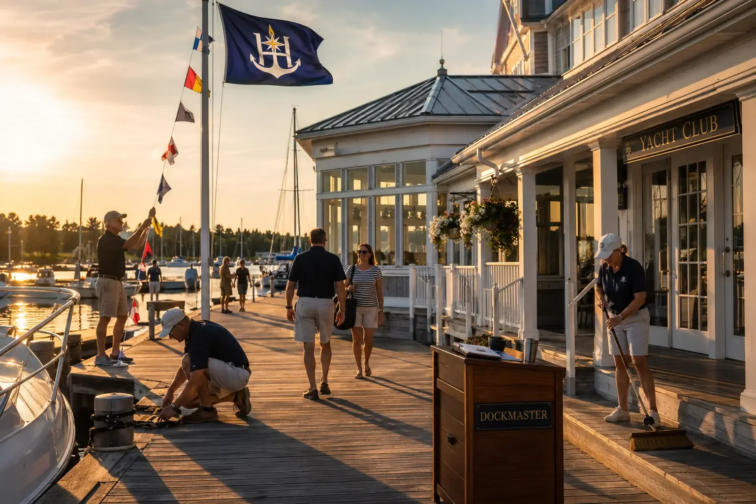 People at a marina with boats docked, a building with a sign that says 'Yacht Club', and flags flying at sunset.