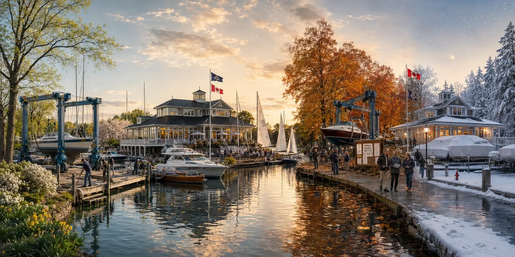 Four-season yacht club waterfront showing marina operations and year-round club activity.