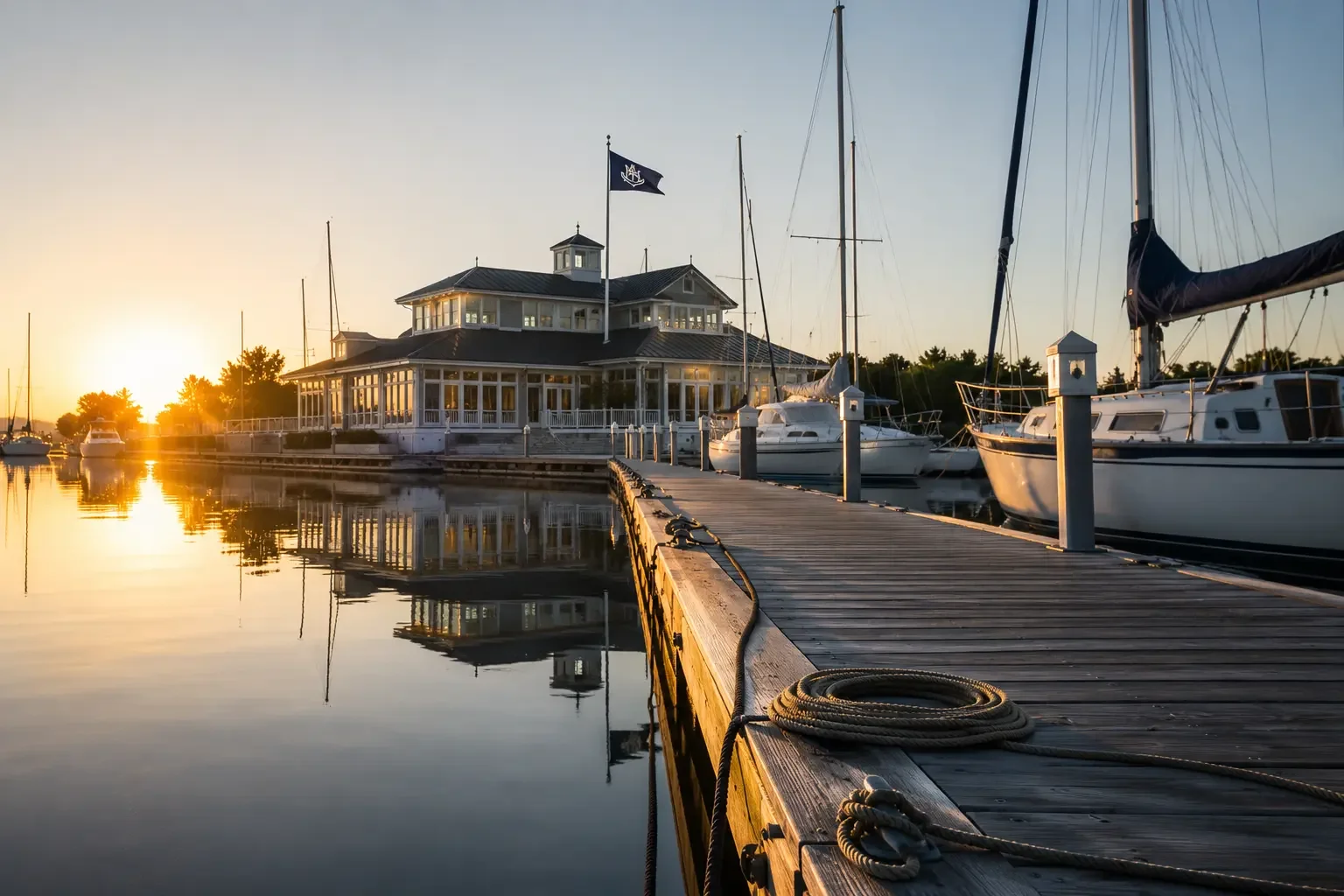 Established yacht club marina with sailboats, docks and waterfront clubhouse at sunset.