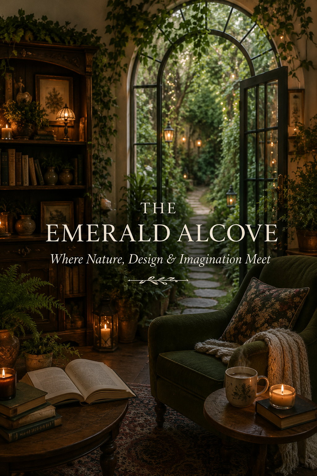 A cozy indoor scene with a large arched window opening to a lush garden path illuminated by string lights. Inside, there is a dark green armchair with a floral pillow and a knitted blanket, a wooden coffee table with an open book, candles, and a ceramic mug, along with a bookshelf filled with books and decorative items, warm lighting from lamps and candles creating a welcoming atmosphere.
