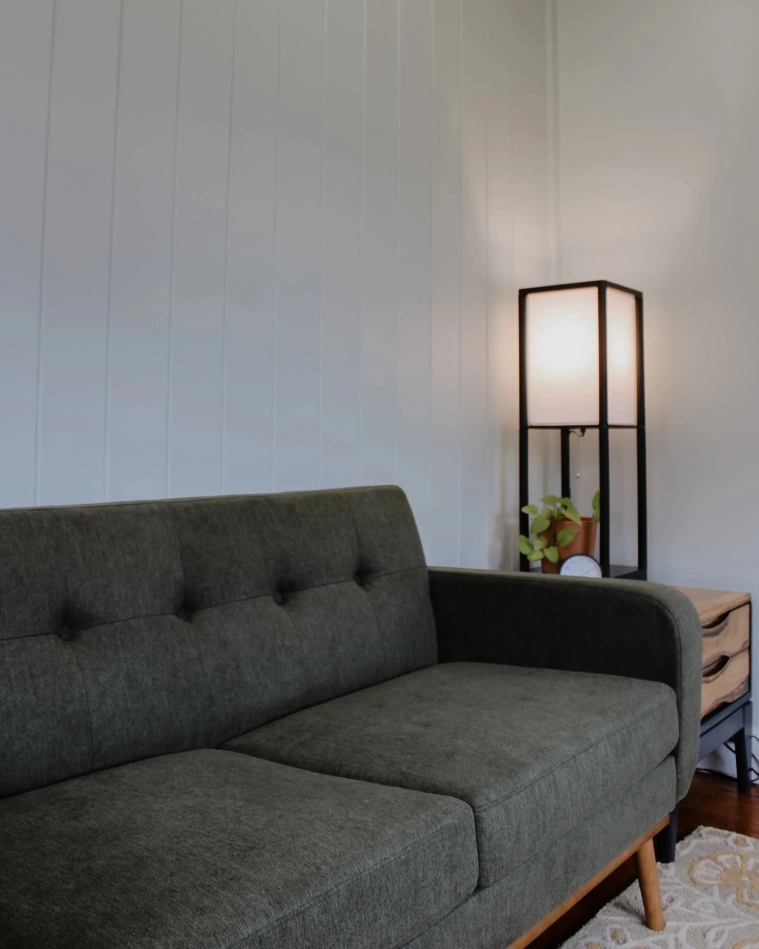 A dark gray upholstered sofa against a light-colored wall with vertical paneling. To the right of the sofa, there is a tall black metal frame lamp with a white shade, with a potted plant on a small black table beside it. The floor has a patterned area rug.