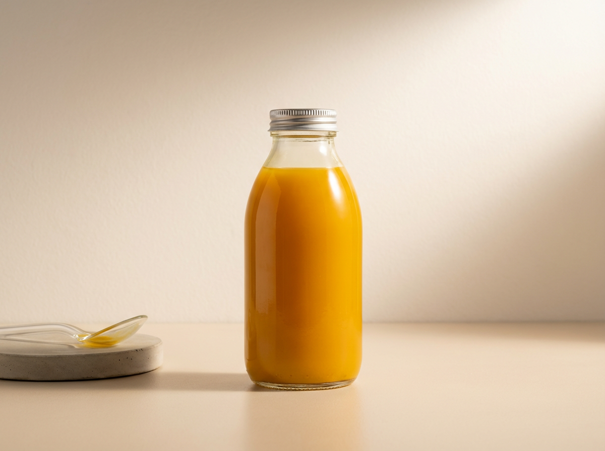 A glass bottle filled with orange juice next to a spoon on a small plate on a white surface.