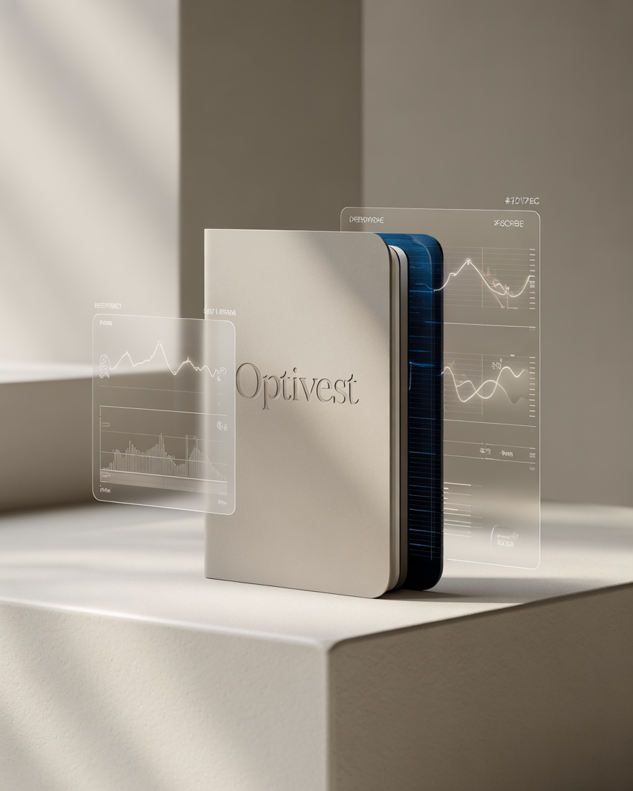 Un boîtier blanc avec l'inscription 'Optivest' et des interfaces holographiques de graphiques et données.