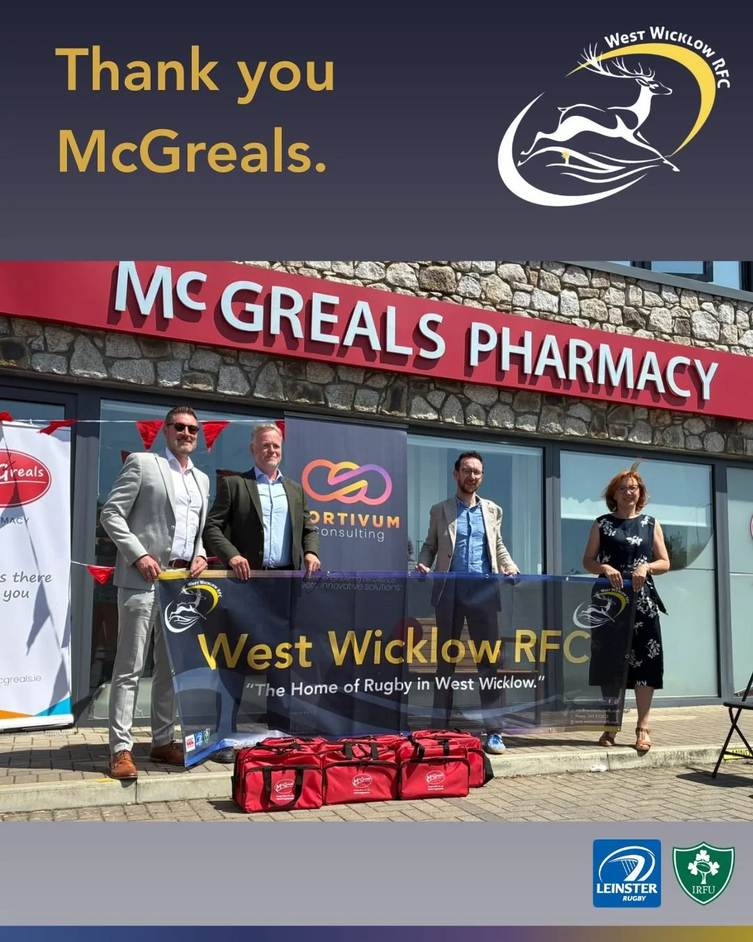 A special thank you to @mcgrealspharmacy for providing the club with medical bags. 

McGreals had a special celebration this week, with the Primary Care Centre Pharmacy celebrating 10 years!

#westwicklowrfc #rugbycommunity