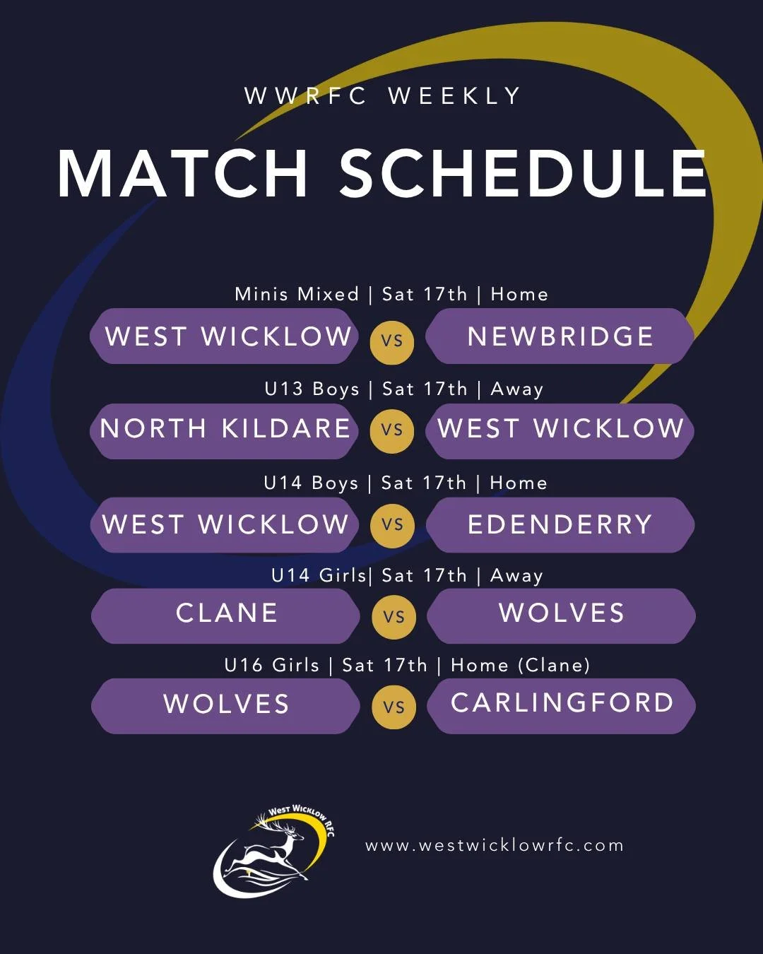 Another busy weekend ahead for WWRFC!
Tots rugby on at the usual time of 9am on Saturday at Russborough house. 
Best of luck to all of our teams!