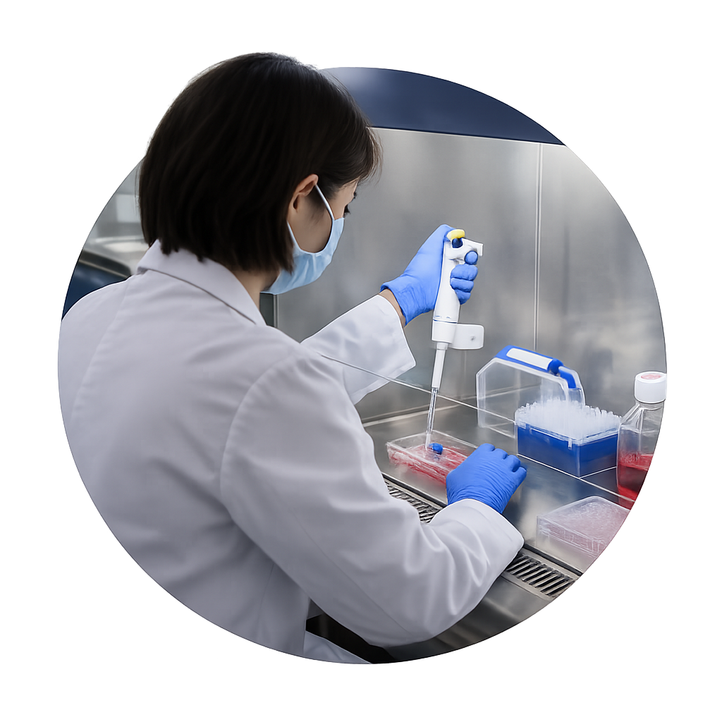 A scientist in a laboratory wearing a white lab coat, face mask, and blue gloves, using a pipette to transfer liquid into a petri dish inside a biosafety cabinet.