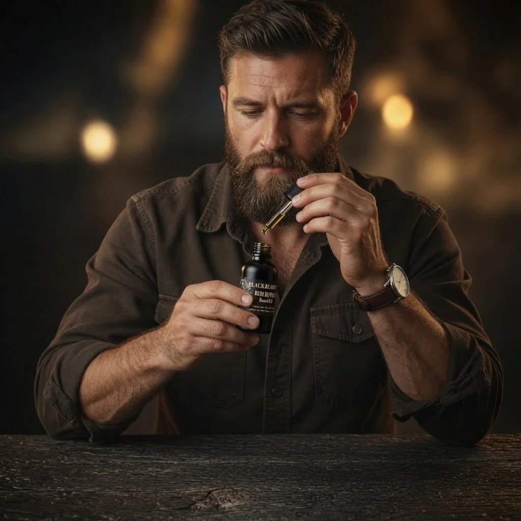 A man with a beard and brown hair, wearing a dark shirt and a watch, looks at a dropper from a small bottle of beard oil.