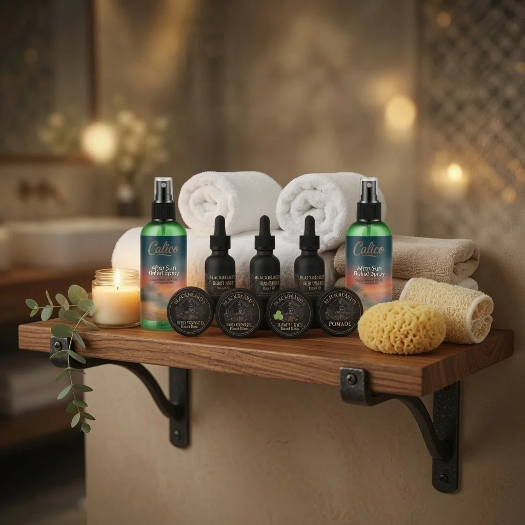 Spa or bathroom shelf with beard balm, beard oil, scented body spray, skincare products, and bath sponges in a warmly lit setting.