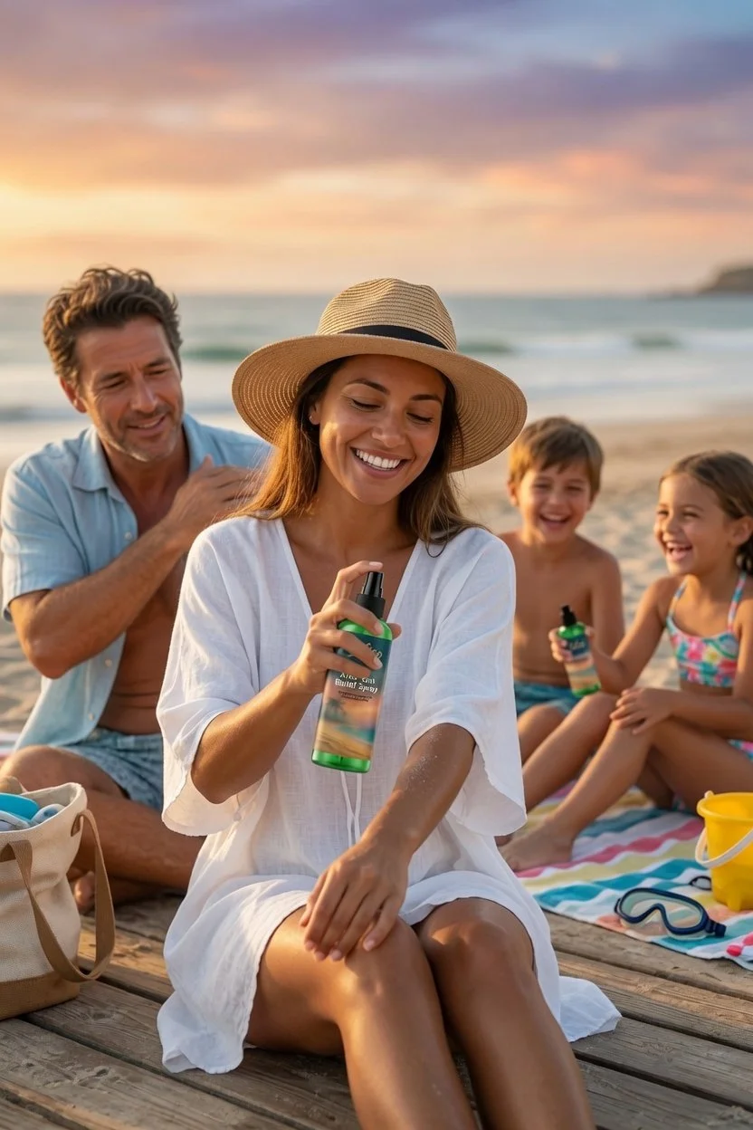 A family applying sun relief spray on the beach during sunset, with a woman in a white dress and straw hat, a man assisting, and two children smiling in the background.
