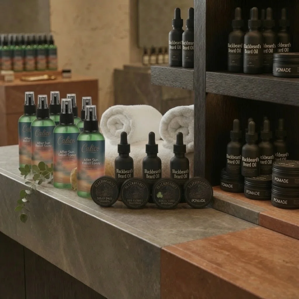 Display of skincare and grooming products on a stone countertop, including spray bottles labeled 'Aloe Sun Relief Spray,' small black bottles labeled 'Blackbeard's Beard Oil,' and containers labeled 'Pomade,' with rolled white towels in the background.