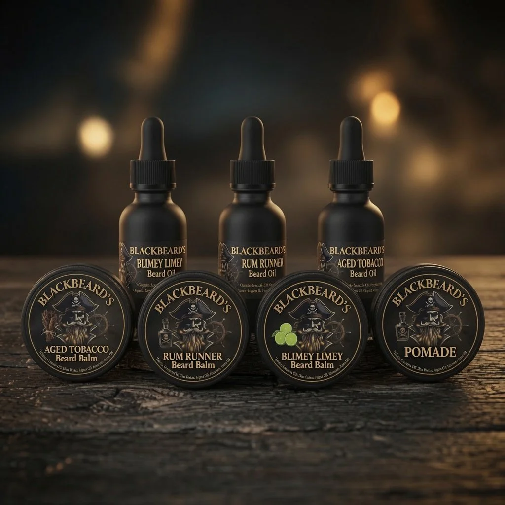 Set of beard care products including three black bottles of beard oil and four tins of beard balm, all featuring a pirate-themed logo, on a wooden surface with a blurred background.