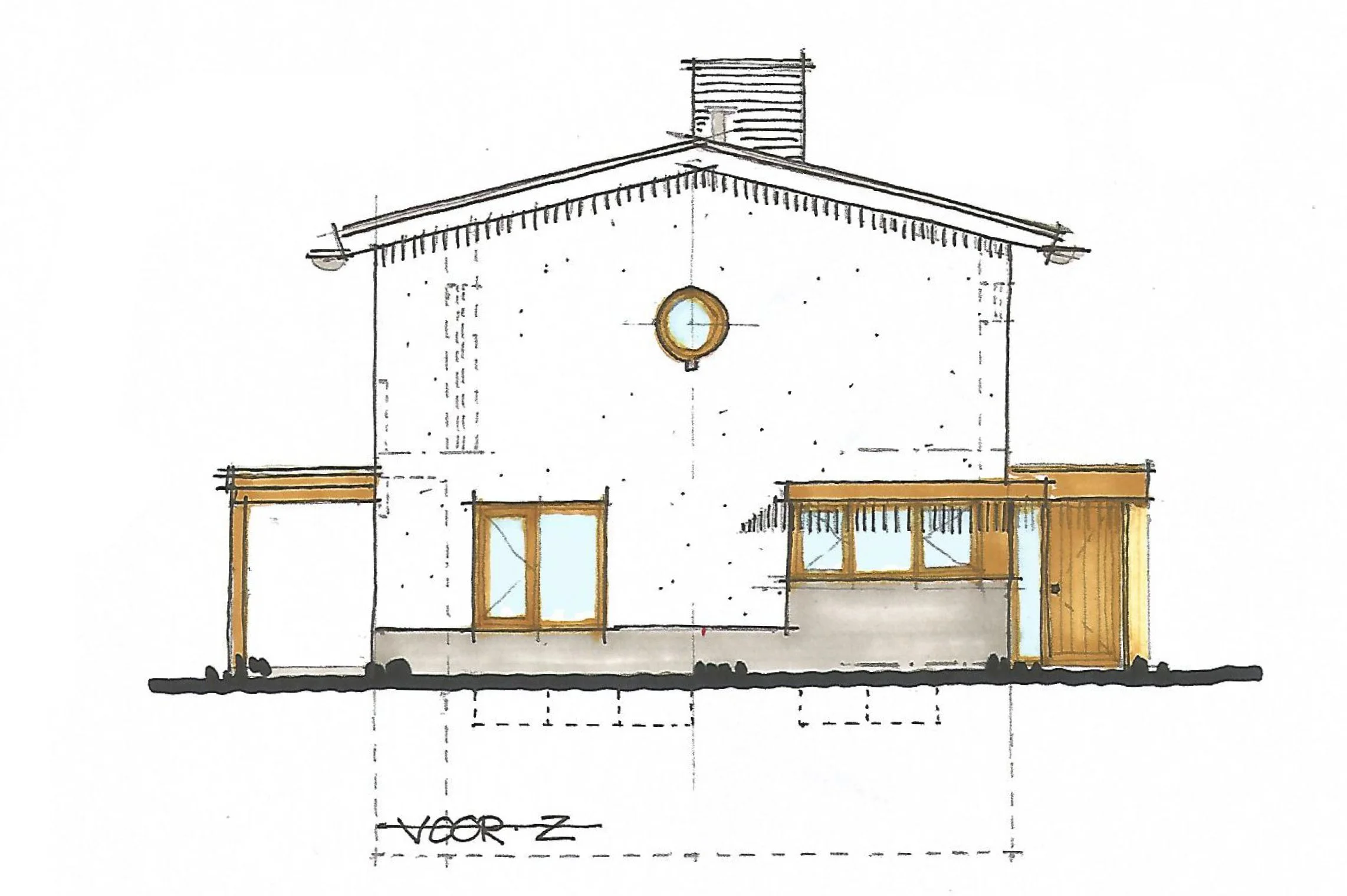 Een schets van de gevel van een huis met houten deuren en ramen, en een ronde klok onder het dak.