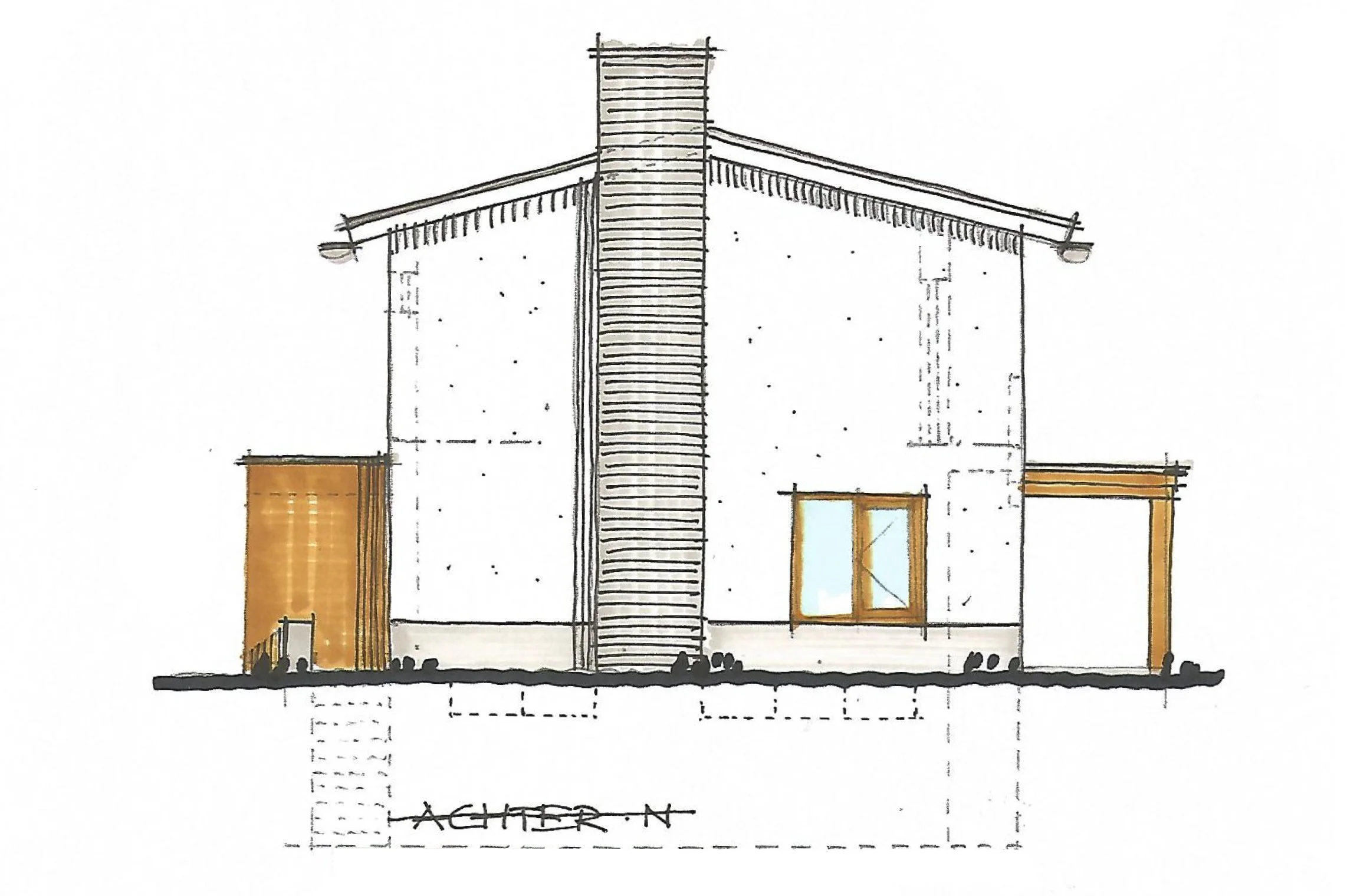 Een architectonisch schetsontwerp van een gebouw met een centrale schoorsteen of toren, ramen en deuren, met aardekleurige accenten.