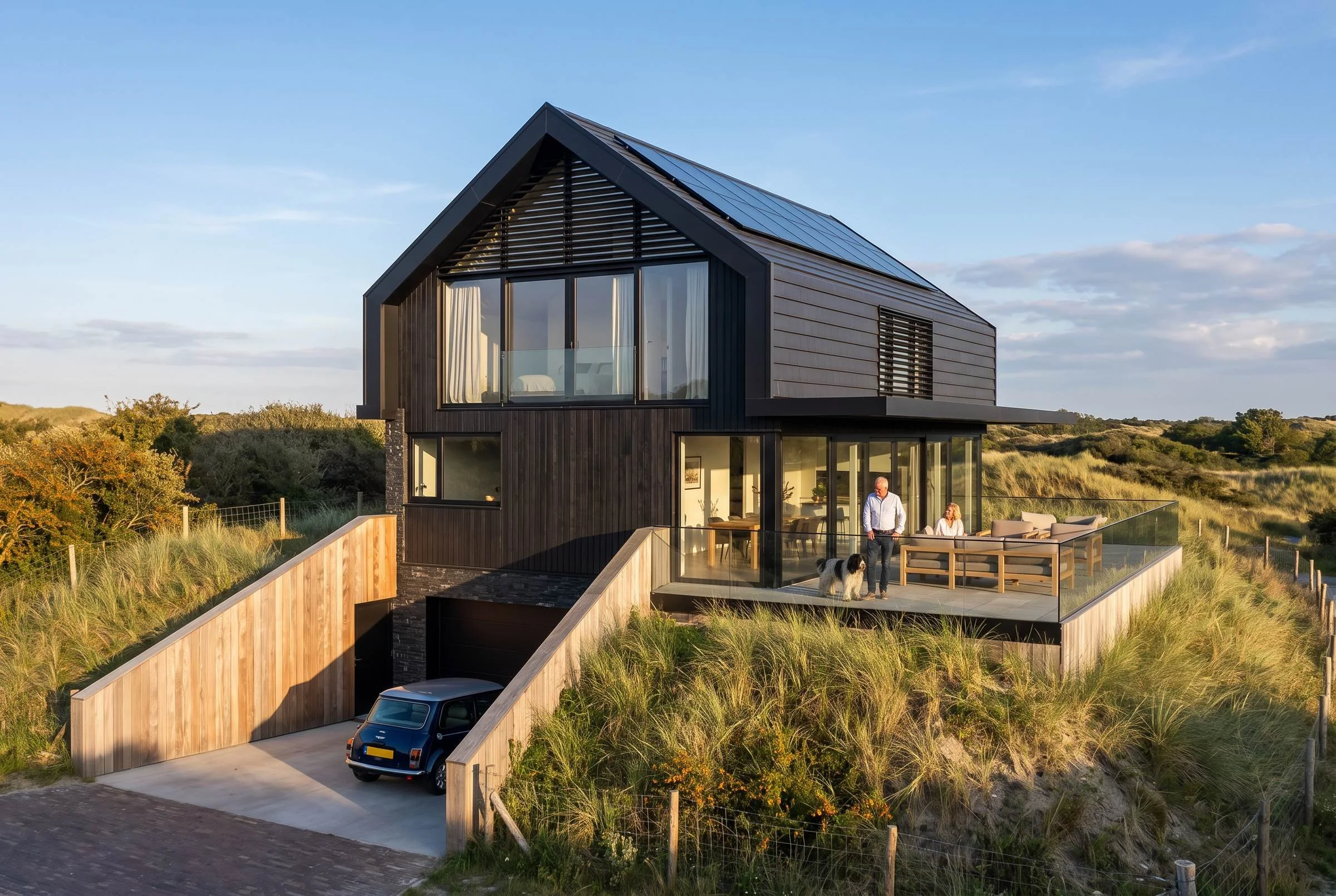 Moderne twee verdieping moderne woning met grote ramen en zonnepanelen op het dak, omgeven door natuur en een oprit met een klassieke auto en mensen die buiten praten.