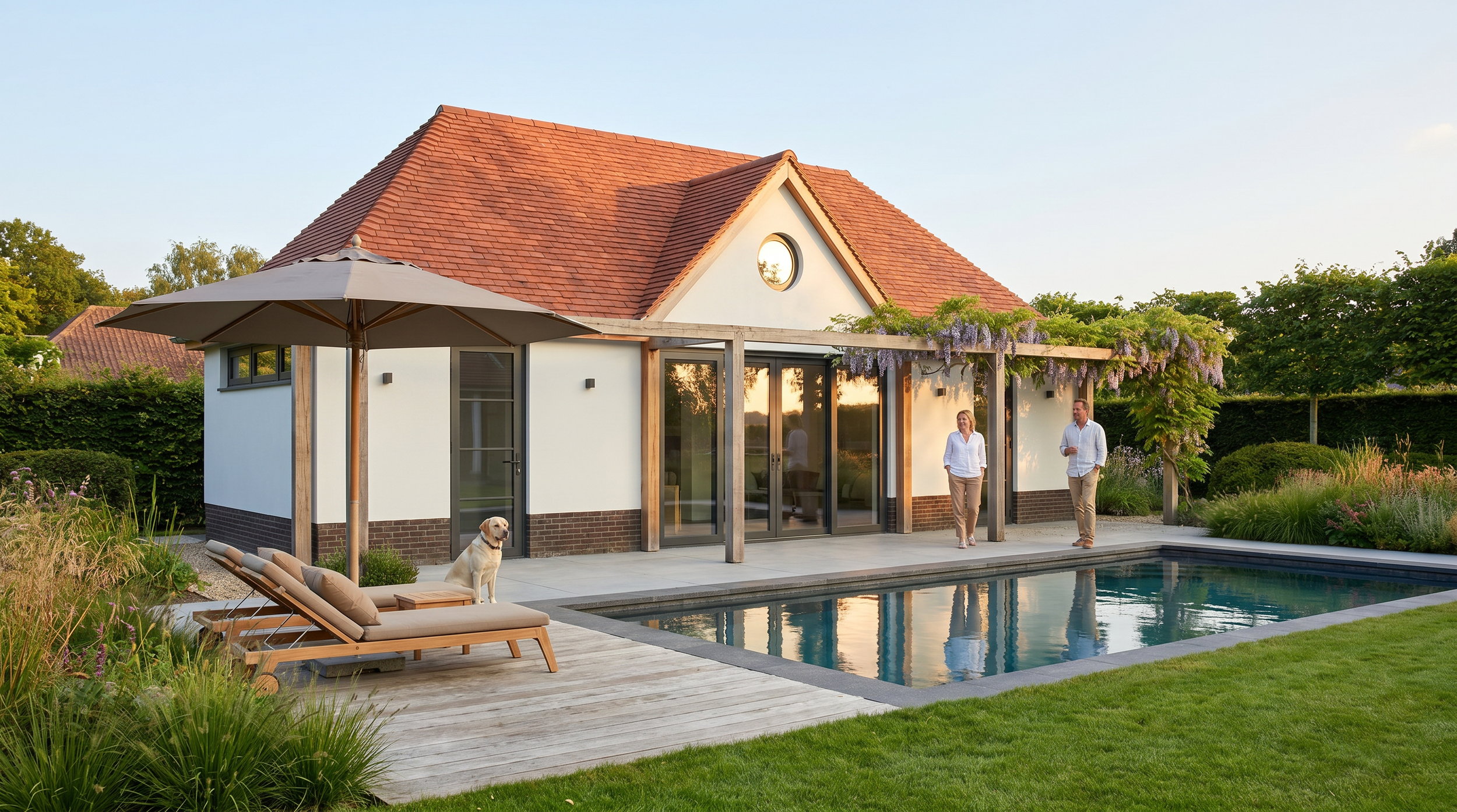 Poolhouse met zwembad, omgeven door tuin met planten en ligstoelen, met twee mensen en een hond die buiten wandelen.