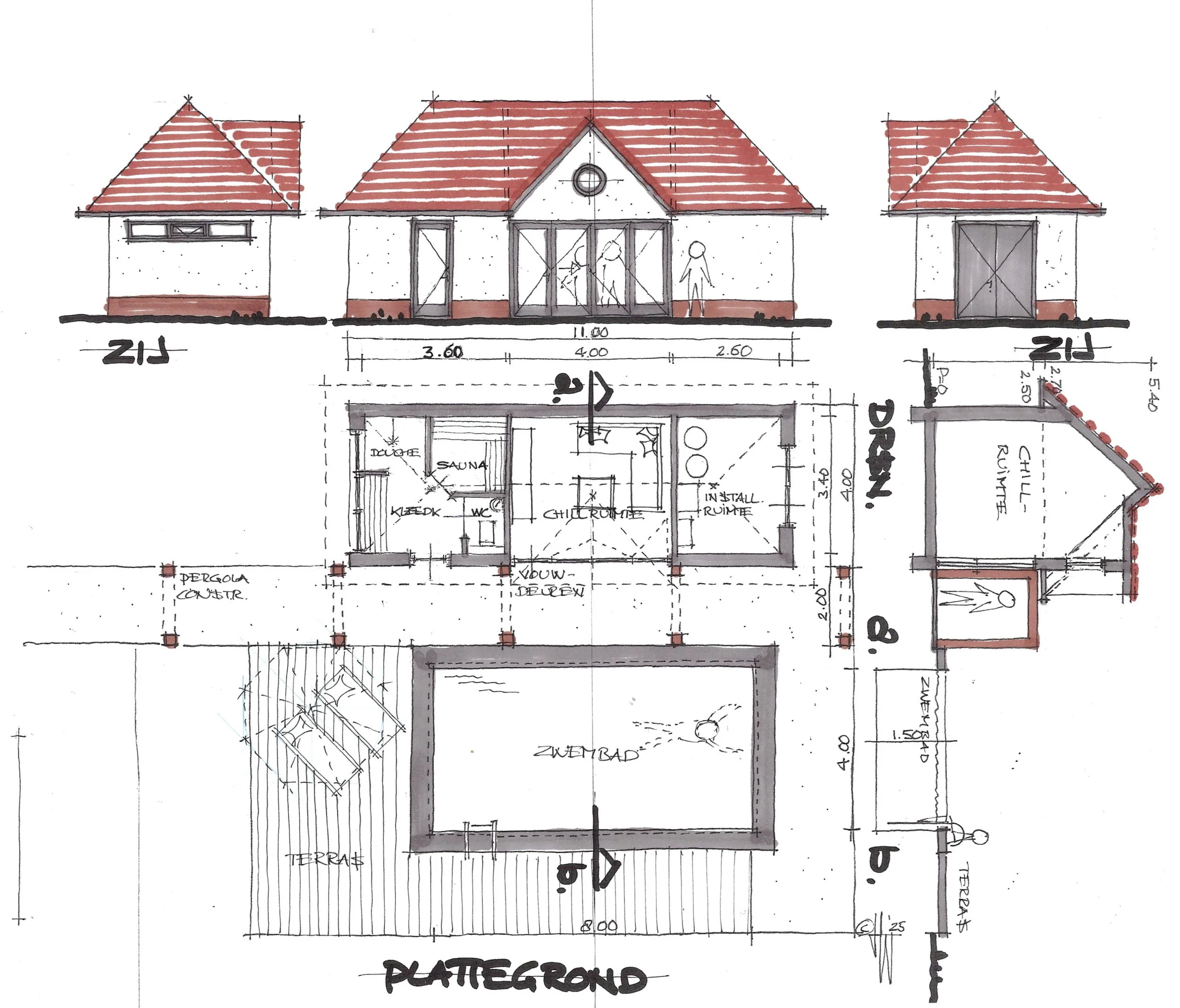 Schets van een huis met rode daken, plattegrond en afmetingen, getekend met potlood en waterverf, met tekeningen van verschillende zijden en indeling.