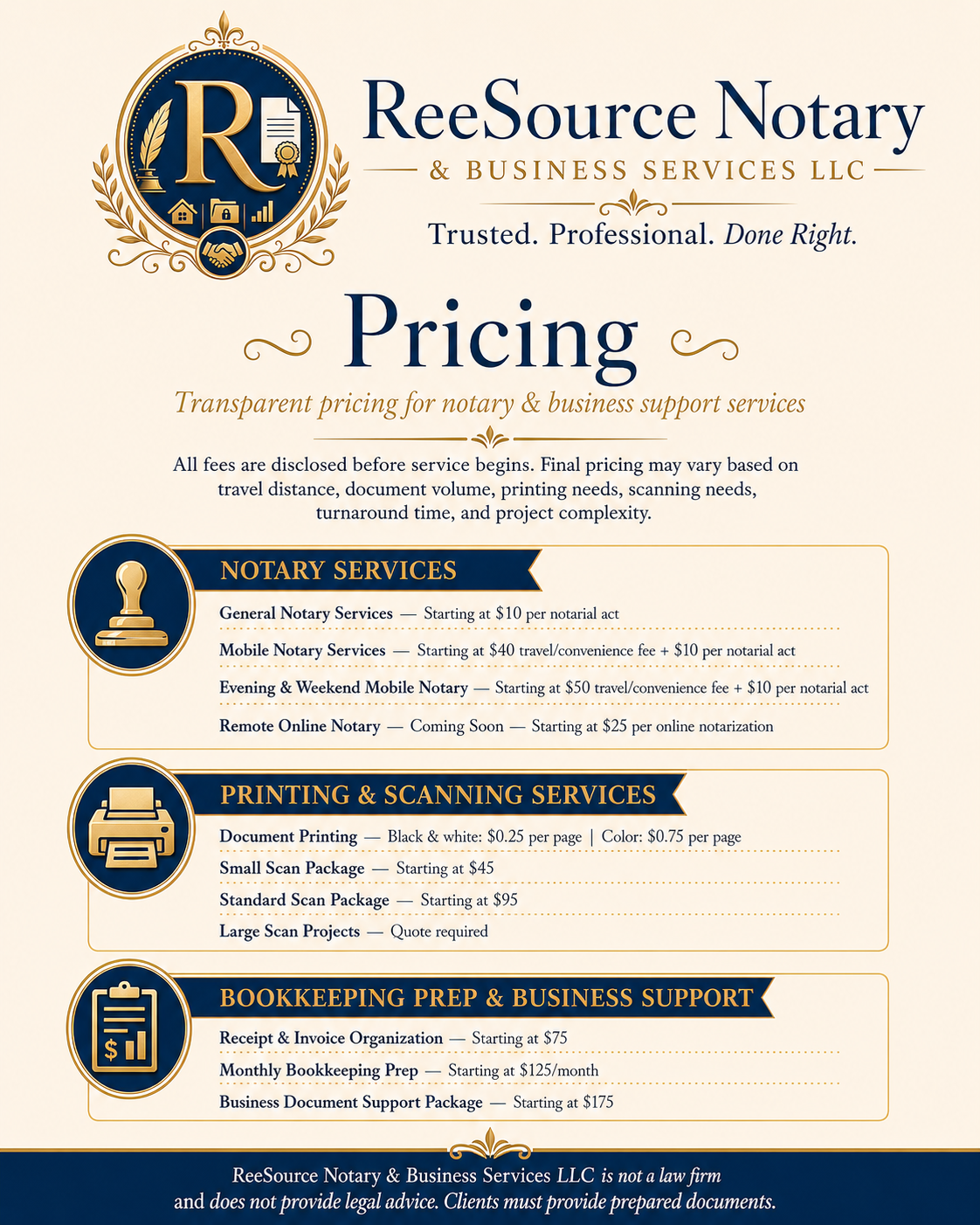 ReeSource Notary & Business Services mobile notary and remote online notarization pricing.