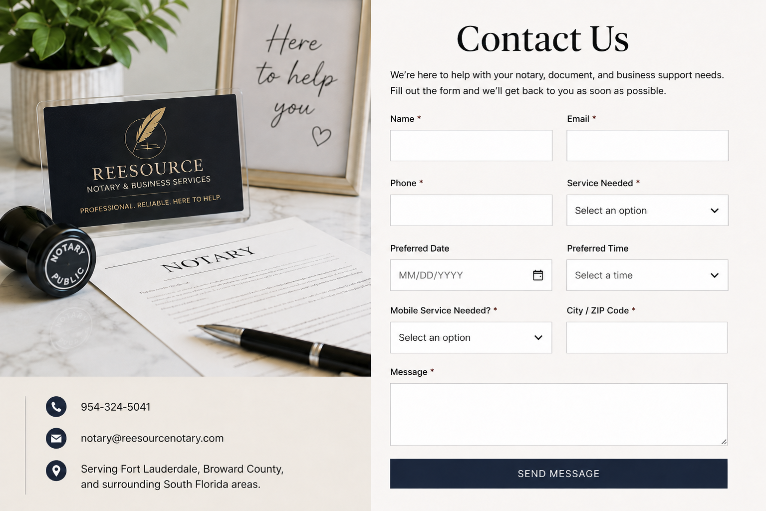 Contact form for ReeSource Notary & Business Services with notary stamp, document, pen, and office decor.
