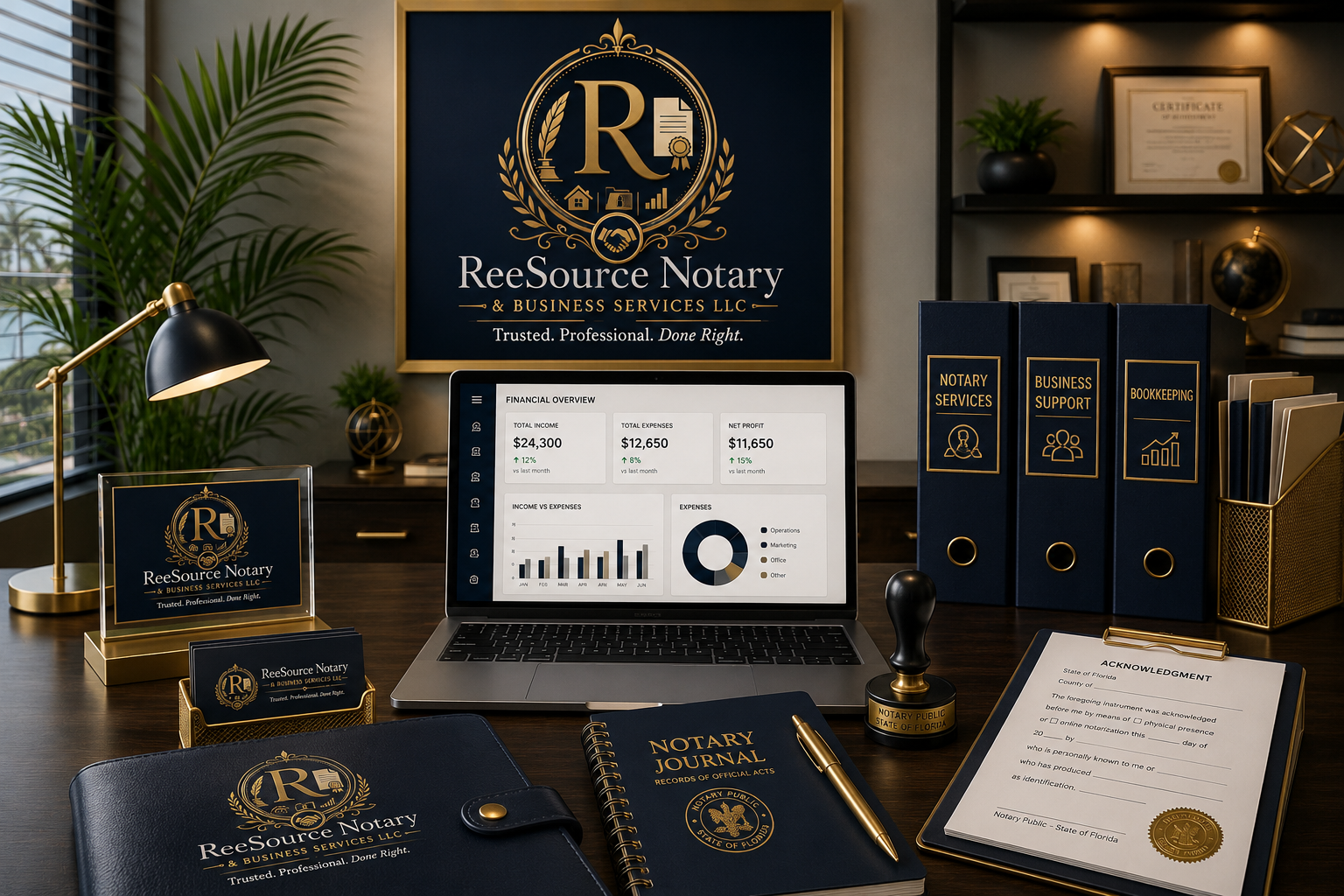 ReeSource Notary & Business Services office setup with laptop, notary journal, folders, and business support materials.