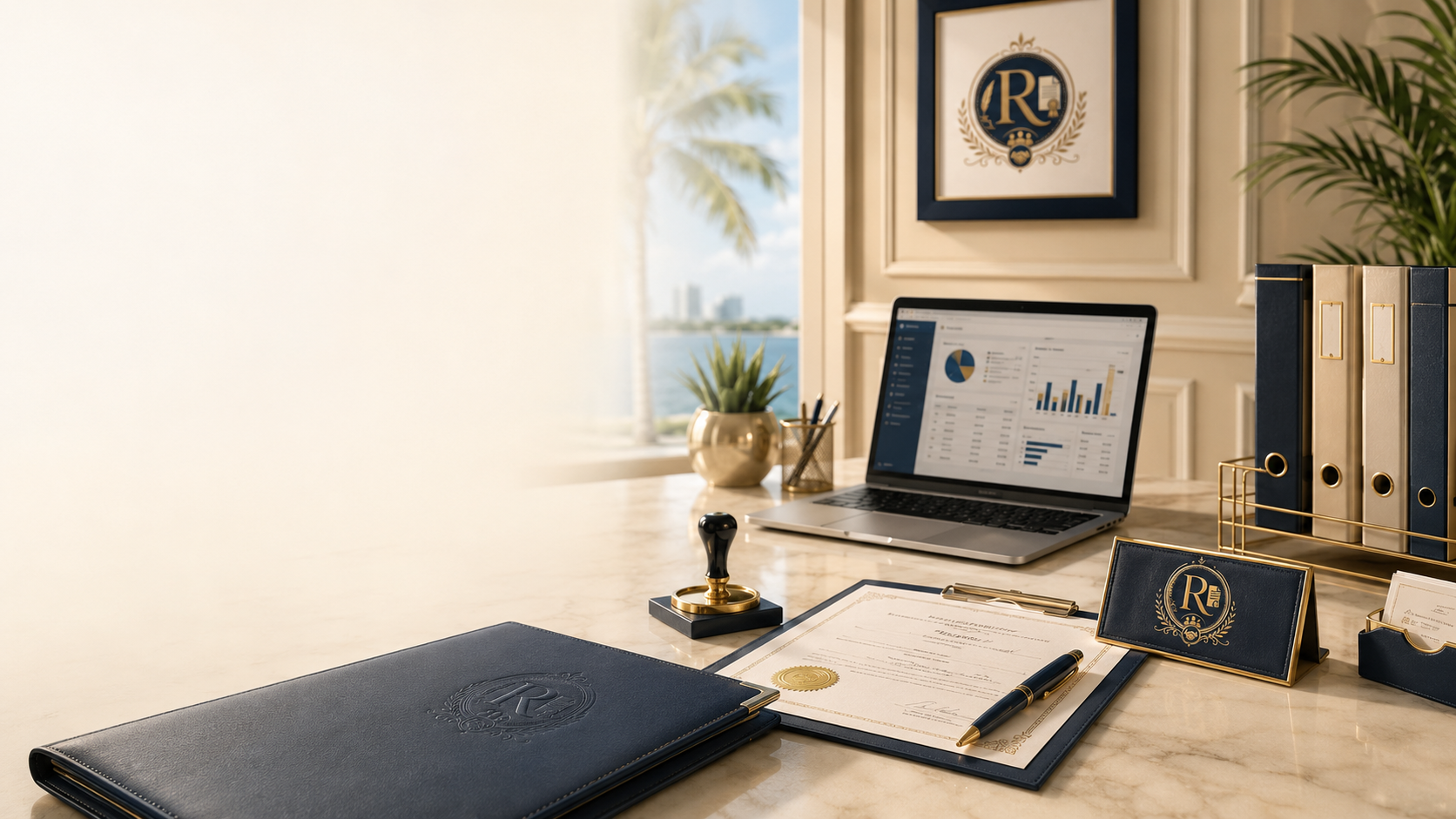 Professional office desk with branded ReeSource materials, notary folder, certificate, pen, laptop, and plant.