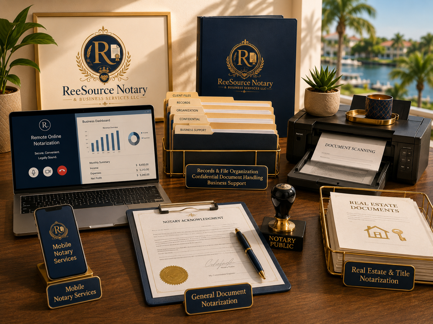 Professional notary and document services workspace with laptop, scanner, stamp, folders, and office supplies.