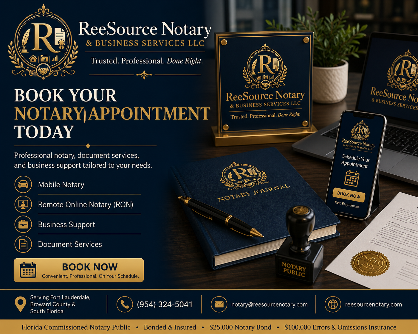 ReeSource Notary & Business Services appointment booking graphic with notary journal, phone, and office supplies.