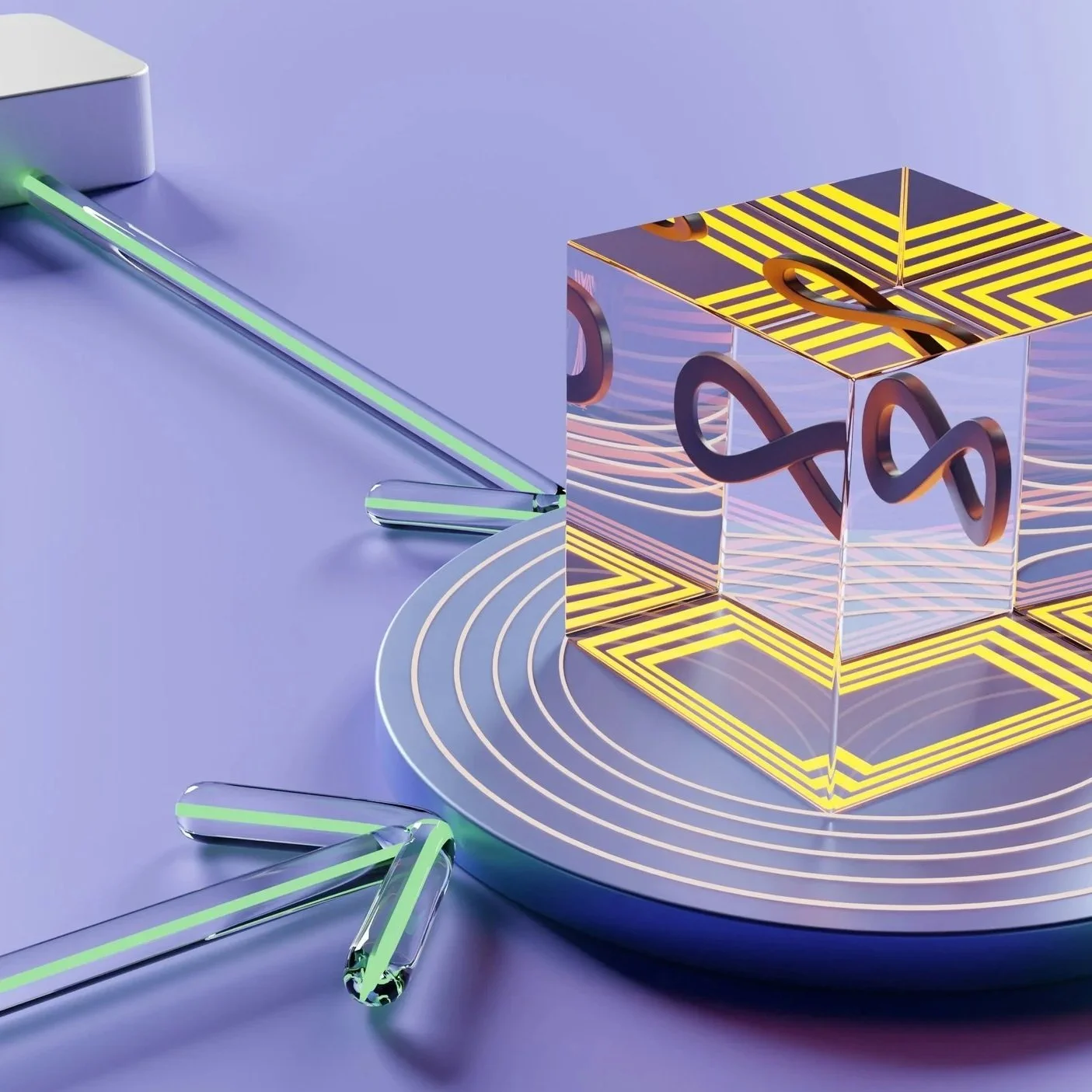 A futuristic digital art scene with a glass cube containing a 3D black infinity symbol. The cube is on a purple surface with concentric circles and neon-colored lines. There are geometric shapes with neon green accents in the background.