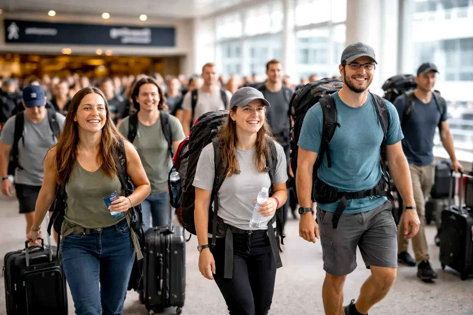 Group of smiling travelers with backpacks and rolling luggage walking through an airport terminal.