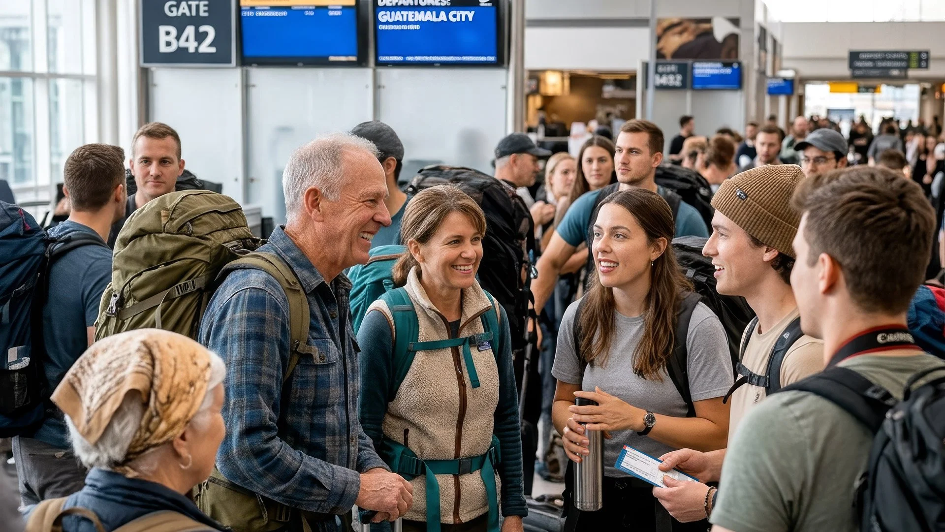 People at an airport check-in counter, with a group of travelers and airline staff. There are check-in counters, digital screens, and a gate sign visible.