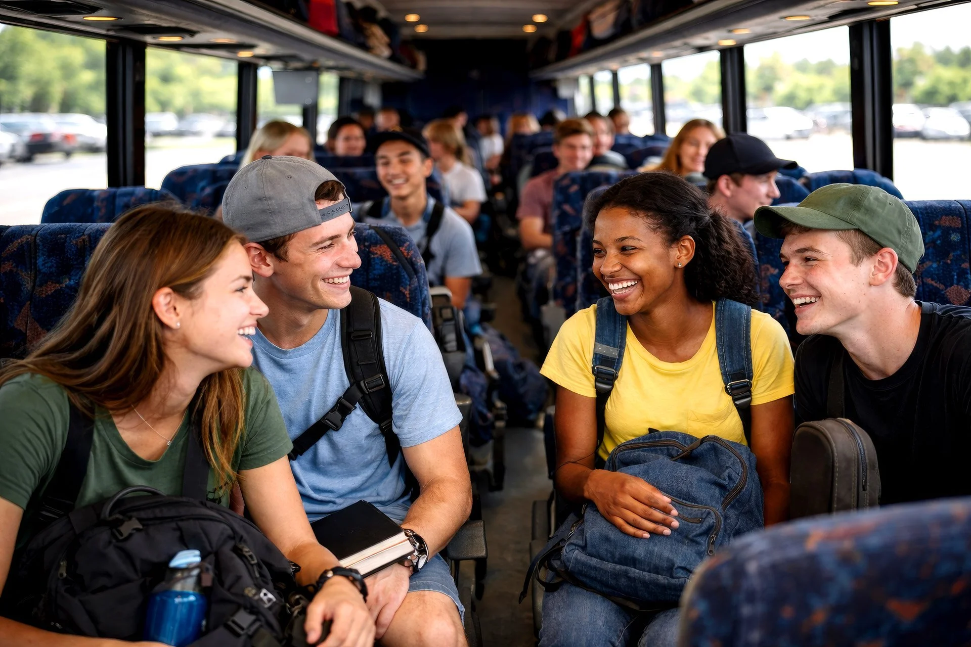 Smiling group of young people sitting on a bus, engaging in conversation and enjoying each other's company.