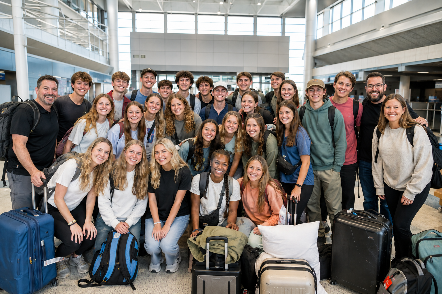 Group of smiling young travelers with backpacks and luggage at airport terminal
